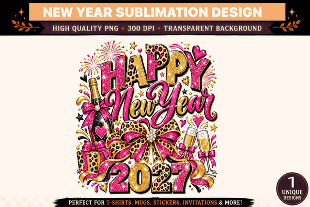 Happy New Year 2027 PNG, Pink Leopard Bow Sublimation Design, Champagne Glitter New Year Shirt Graphic Sublimation BlackCatsMedia 