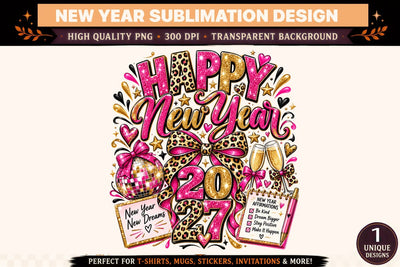 Happy New Year 2027 PNG, Pink Leopard Bow Sublimation Design, New Year Dreams Glitter Shirt Graphic Sublimation BlackCatsMedia 