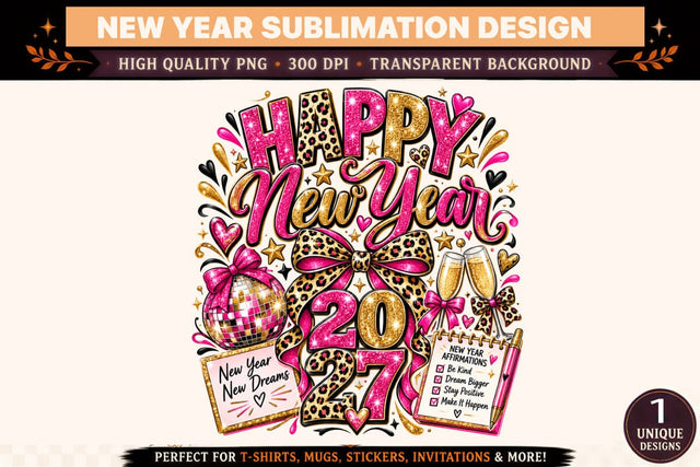 Happy New Year 2027 PNG, Pink Leopard Bow Sublimation Design, New Year Dreams Glitter Shirt Graphic Sublimation BlackCatsMedia 