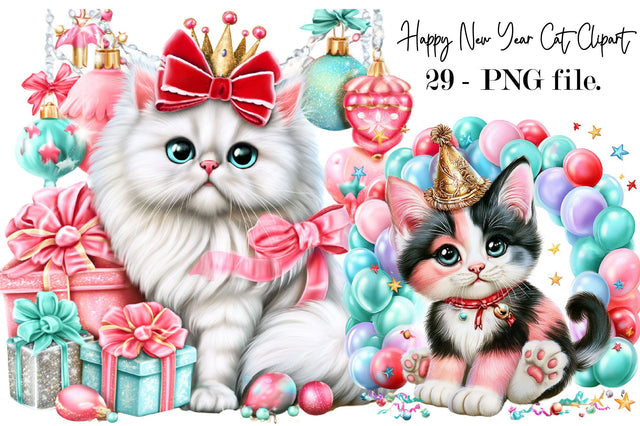 Happy New Year Cat Clipart PNG Bundle Sublimation SVGArt 