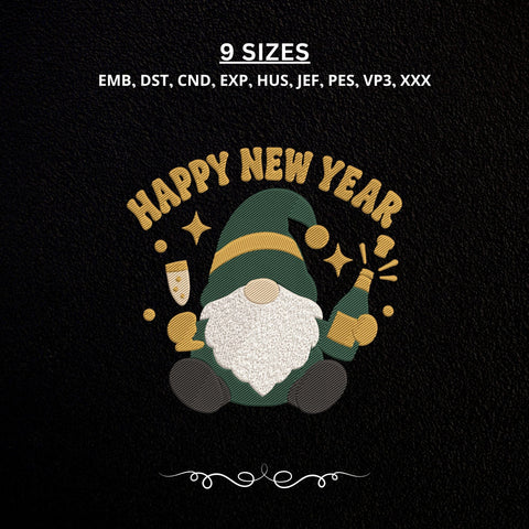 Happy New Year Gnome Embroidery Design – Cute Champagne Gnome Holiday Celebration Machine Embroidery File Embroidery/Applique DESIGNS PatternFeed8 
