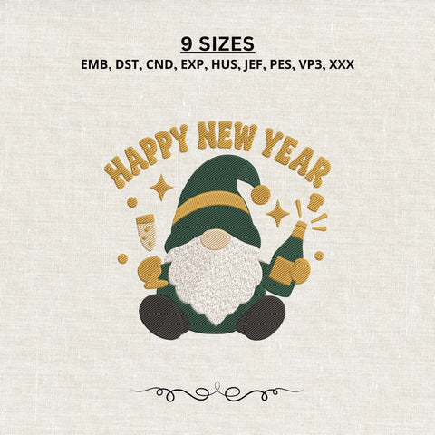 Happy New Year Gnome Embroidery Design – Cute Champagne Gnome Holiday Celebration Machine Embroidery File Embroidery/Applique DESIGNS PatternFeed8 