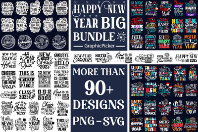 Happy New Year Mega Bundle, New Year 2025, New Year SVG Designs, SVG Cut File, SVGs, Food & Drink, Print & Cut, Quotes and Sayings SVG DesignPlante 503 