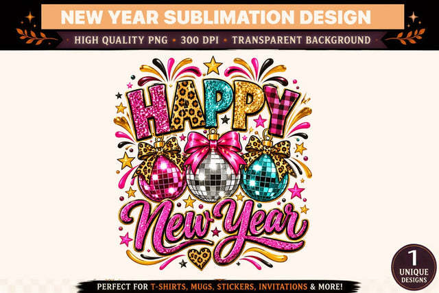Happy New Year PNG, Pink Teal Gold Disco Ball Sublimation Design, Glam 2027 Shirt Graphic, Leopard Print Party Clipart Sublimation BlackCatsMedia 