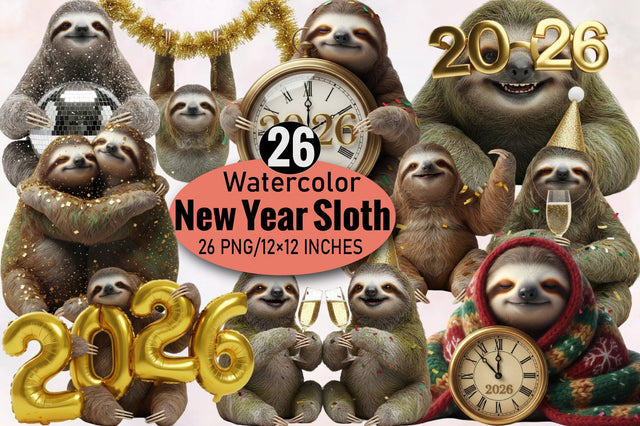 Happy New Year Sloth Clipart Bundle. Sublimation SVGArt 