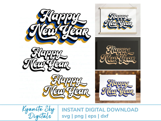 Happy New Year SVG files bundle retro vintage shadow style SVG Kyanite Sky Digitals 