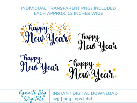 Happy New Year SVG title with confetti and stars SVG Kyanite Sky Digitals 