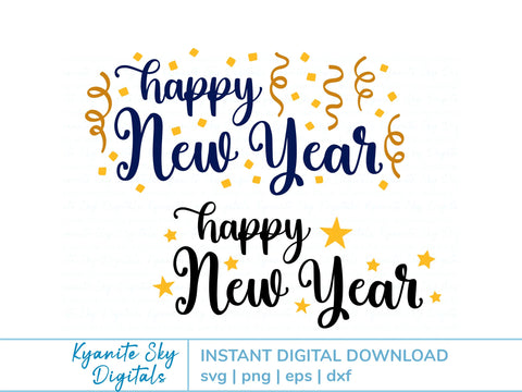 Happy New Year SVG title with confetti and stars SVG Kyanite Sky Digitals 