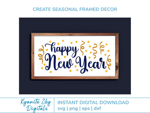 Happy New Year SVG title with confetti and stars SVG Kyanite Sky Digitals 