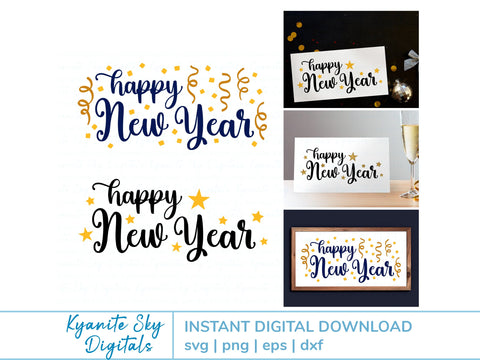 Happy New Year SVG title with confetti and stars SVG Kyanite Sky Digitals 