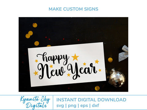 Happy New Year SVG title with confetti and stars SVG Kyanite Sky Digitals 