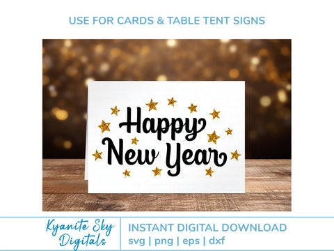 Happy New Year SVG word art with stars, confetti and streamers SVG Kyanite Sky Digitals 