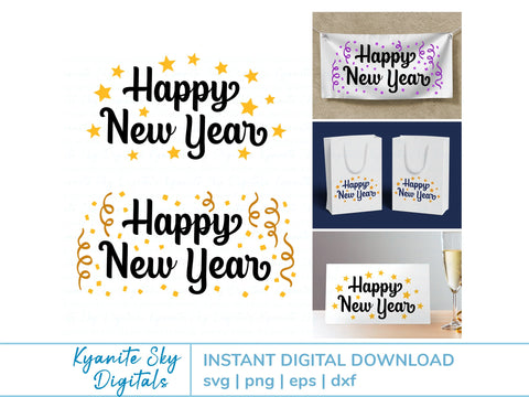 Happy New Year SVG word art with stars, confetti and streamers SVG Kyanite Sky Digitals 