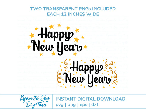 Happy New Year SVG word art with stars, confetti and streamers SVG Kyanite Sky Digitals 