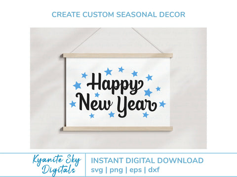 Happy New Year SVG word art with stars, confetti and streamers SVG Kyanite Sky Digitals 