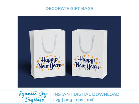 Happy New Year SVG word art with stars, confetti and streamers SVG Kyanite Sky Digitals 