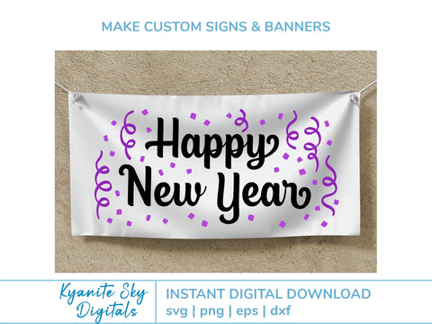 Happy New Year SVG word art with stars, confetti and streamers SVG Kyanite Sky Digitals 