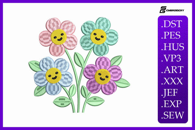 Happy Smiley Flowers Cute Kawaii Daisy Spring Embroidery Design Embroidery/Applique DESIGNS sg embroidery 