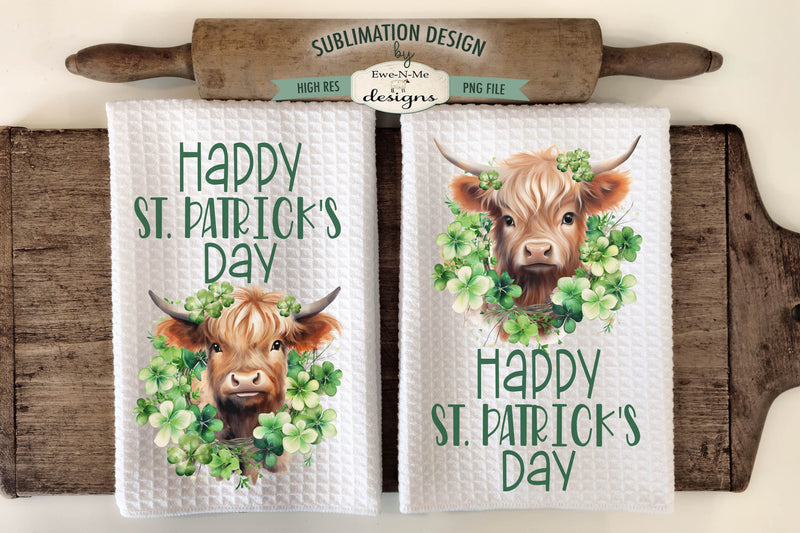Happy St Patricks Day Highland Cow | Kitchen Towel Sublimation Designs Sublimation Ewe-N-Me Designs 