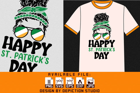 Happy St.Patrick's Day Messy Bun T-Shirt, Mother Patrick's Shirt Print Template Sketch DESIGN Depiction Studio 