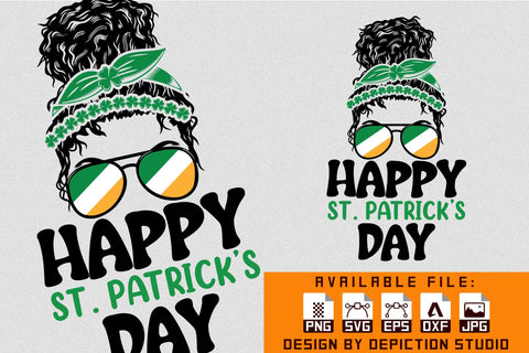 Happy St.Patrick's Day Messy Bun T-Shirt, Mother Patrick's Shirt Print Template Sketch DESIGN Depiction Studio 