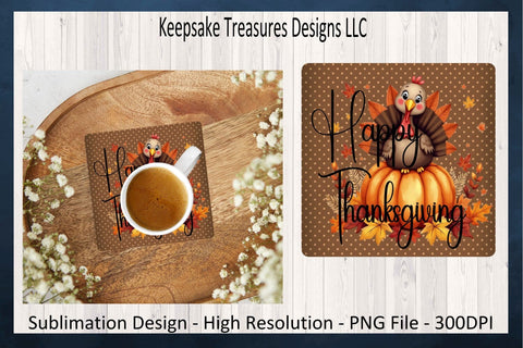 'Happy Thanksgiving' Autumn Leaves and Turkey Pumpkin Round and Square Coaster Set Sublimation Keepsake Treasures Designs LLC. 