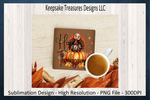 'Happy Thanksgiving' Autumn Leaves and Turkey Pumpkin Round and Square Coaster Set Sublimation Keepsake Treasures Designs LLC. 