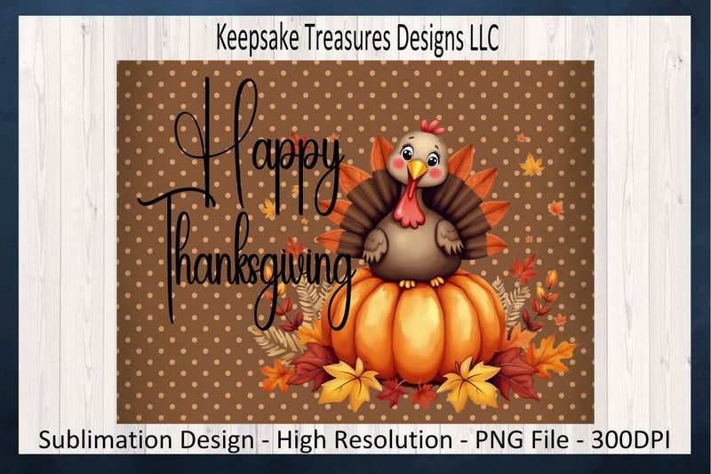'Happy Thanksgiving' Charming Turkey A top Pumpkin with Autumn Leaves Sublimation Keepsake Treasures Designs LLC. 