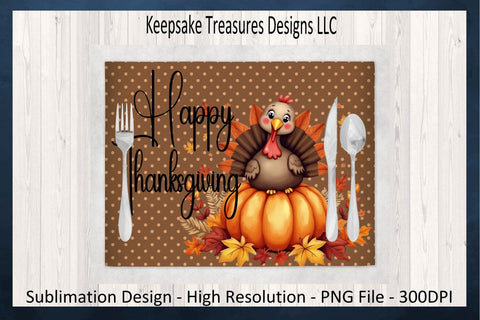 'Happy Thanksgiving' Charming Turkey A top Pumpkin with Autumn Leaves Sublimation Keepsake Treasures Designs LLC. 