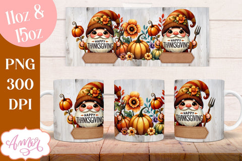Happy Thanksgiving mug wrap PNG for sublimation | Fall gnome Sublimation Amorclipart 