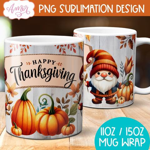 Happy Thanksgiving mug wrap PNG for sublimation | Fall gnome Sublimation Amorclipart 