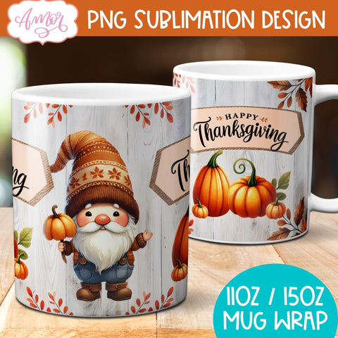 Happy Thanksgiving mug wrap PNG for sublimation | Fall gnome Sublimation Amorclipart 