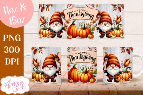 Happy Thanksgiving mug wrap PNG for sublimation | Fall gnome Sublimation Amorclipart 