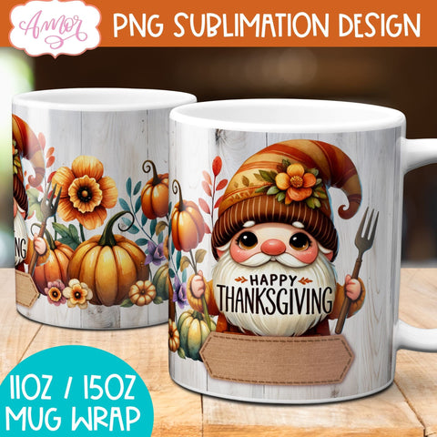 Happy Thanksgiving mug wrap PNG for sublimation | Fall gnome Sublimation Amorclipart 