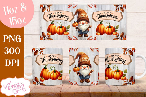 Happy Thanksgiving mug wrap PNG for sublimation | Fall gnome Sublimation Amorclipart 