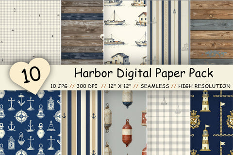Harbor Digital Paper Pack, Coastal Port Seamless Patterns, Docks, Buoys & Nautical Printable Crafts Digital Pattern FloridPrintables 