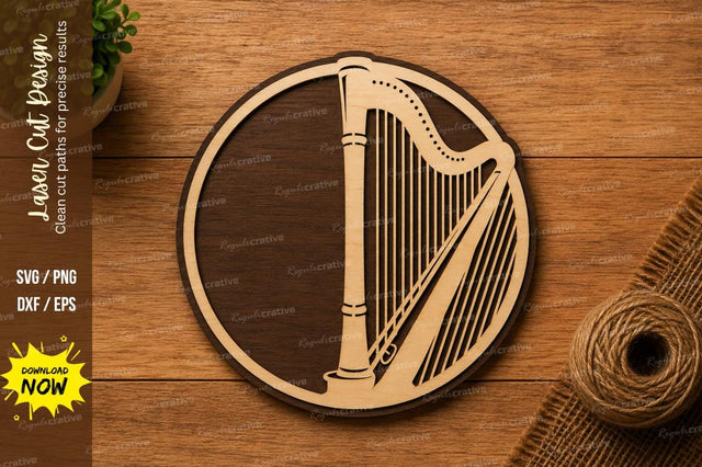 Harp Circle Laser Cut SVG | Musical Instrument Wooden Wall Art | Glowforge CNC DXF PNG EPS SVG Regulrcrative 