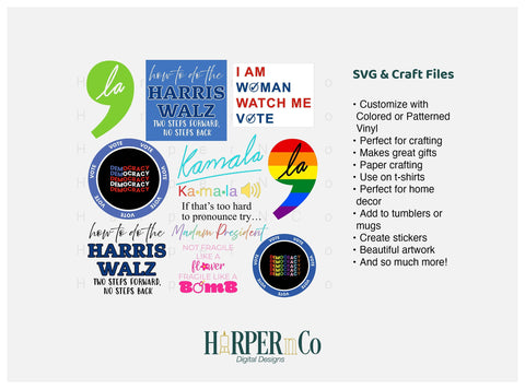 Harris Walz SVG bundle, Kamala, Comma-La, political, vote, democracy, democrat, rainbow, LGBTQ, png eps dxf jpg, t-shirt, cricut, silhouette SVG HarperNCo 