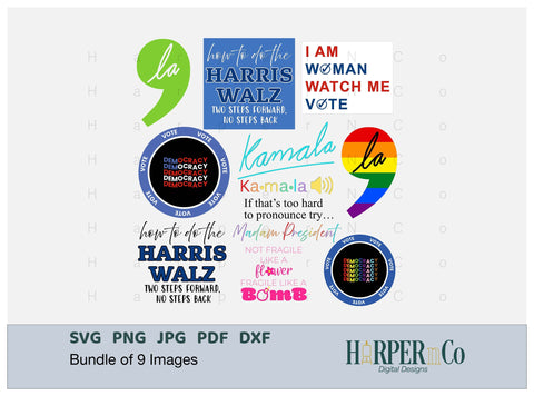 Harris Walz SVG bundle, Kamala, Comma-La, political, vote, democracy, democrat, rainbow, LGBTQ, png eps dxf jpg, t-shirt, cricut, silhouette SVG HarperNCo 