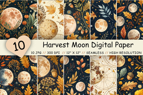Harvest Moon Digital Paper Pack, Seamless Watercolor Pattern Bundle, Printable Scrapbook Paper, Celestial Autumn Design Collection Digital Pattern FloridPrintables 