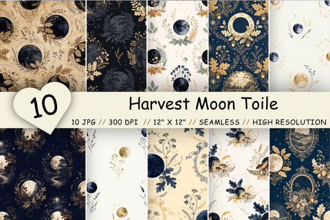 Harvest Moon Toile Digital Paper, Seamless Watercolor Pattern Bundle, Printable Scrapbook Paper, Celestial Autumn Design Collection Digital Pattern FloridPrintables 