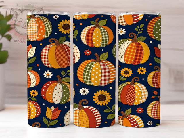 Harvest Patchwork Pumpkin 20oz Tumbler, Pumpkin Motif, Patchwork Design, Harvest Theme, Rustic Charm, Farmhouse Style, 20oz Wrap, Sublimation Tumbler Sublimation Lara' s Designs 