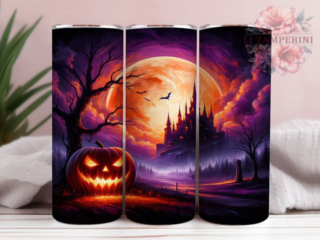 Haunted Castle Pumpkin Halloween Tumbler, Halloween Pumpkin 20Oz Sublimation, Spooky Gothic Coffee Cup, Creepy Fall Drinkware Design, Haunted House Mug Wrap, Rustic Horror Cup, Autumn Castle Tumbler Sublimation Li Zamperini 