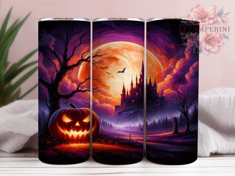 Haunted Castle Pumpkin Halloween Tumbler, Halloween Pumpkin 20Oz Sublimation, Spooky Gothic Coffee Cup, Creepy Fall Drinkware Design, Haunted House Mug Wrap, Rustic Horror Cup, Autumn Castle Tumbler Sublimation Li Zamperini 