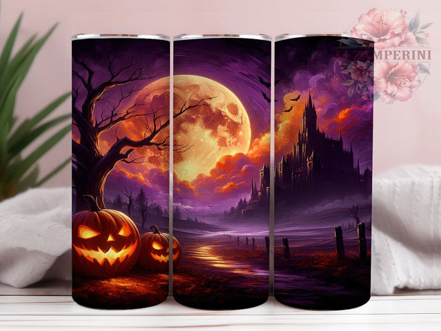 Haunted Castle Pumpkin Halloween Tumbler, Halloween Pumpkin 20Oz Sublimation, Spooky Gothic Coffee Cup, Creepy Fall Drinkware Design, Haunted House Mug Wrap, Rustic Horror Cup, Autumn Castle Tumbler Sublimation Li Zamperini 