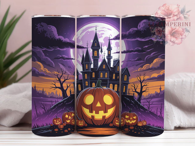 Haunted Castle Pumpkin Halloween Tumbler, Halloween Pumpkin 20Oz Sublimation, Spooky Gothic Coffee Cup, Creepy Fall Drinkware Design, Haunted House Mug Wrap, Rustic Horror Cup, Autumn Castle Tumbler Sublimation Li Zamperini 
