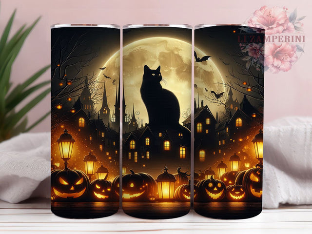 Haunted Full Moon Black Cat Halloween Tumbler, Full Moon Wrap Design, Haunted Village Sublimation, 20Oz Skinny Tumbler, Spooky Cat Drinkware, Gothic Halloween Tumbler, Creepy Night Scene Wrap Sublimation Li Zamperini 