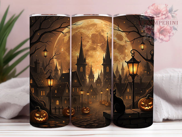 Haunted Full Moon Black Cat Halloween Tumbler, Full Moon Wrap Design, Haunted Village Sublimation, 20Oz Skinny Tumbler, Spooky Cat Drinkware, Gothic Halloween Tumbler, Creepy Night Scene Wrap Sublimation Li Zamperini 