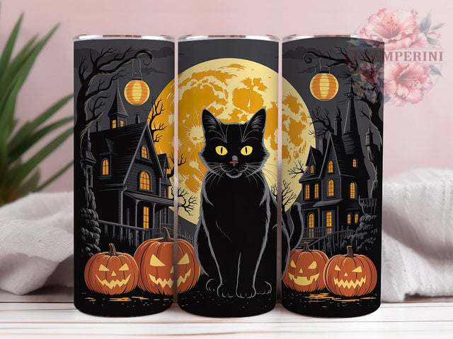Haunted Full Moon Black Cat Halloween Tumbler, Full Moon Wrap Design, Haunted Village Sublimation, 20Oz Skinny Tumbler, Spooky Cat Drinkware, Gothic Halloween Tumbler, Creepy Night Scene Wrap Sublimation Li Zamperini 