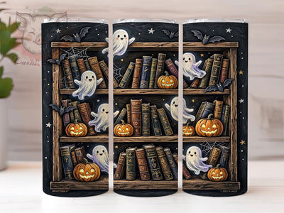 Haunted Ghost Bookshelf 20oz Tumbler, Ghost Motif, Haunted Theme, Bookshelf Art Design, Spooky Accent, Whimsical Charm, Sublimation Wrap, 20oz Tumbler Sublimation Lara' s Designs 